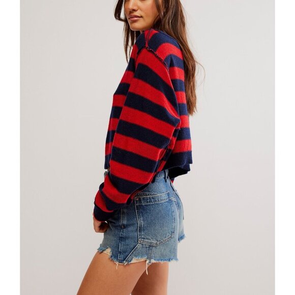 Free People Blue and Red Crew Neck Sweater with Bold Stripes - Picture 5 of 6